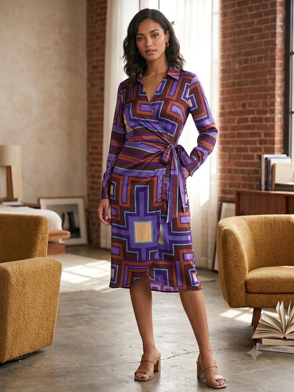 River Island Dress Wrap Patterned Belt Size 10 US purple brown